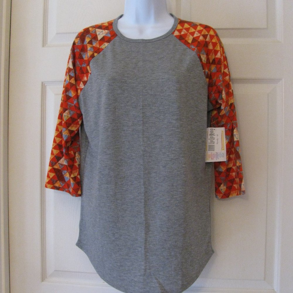 LuLaRoe Randy Top Medium NWT $35 Gray with Red Yellow Raglan Sleeve
